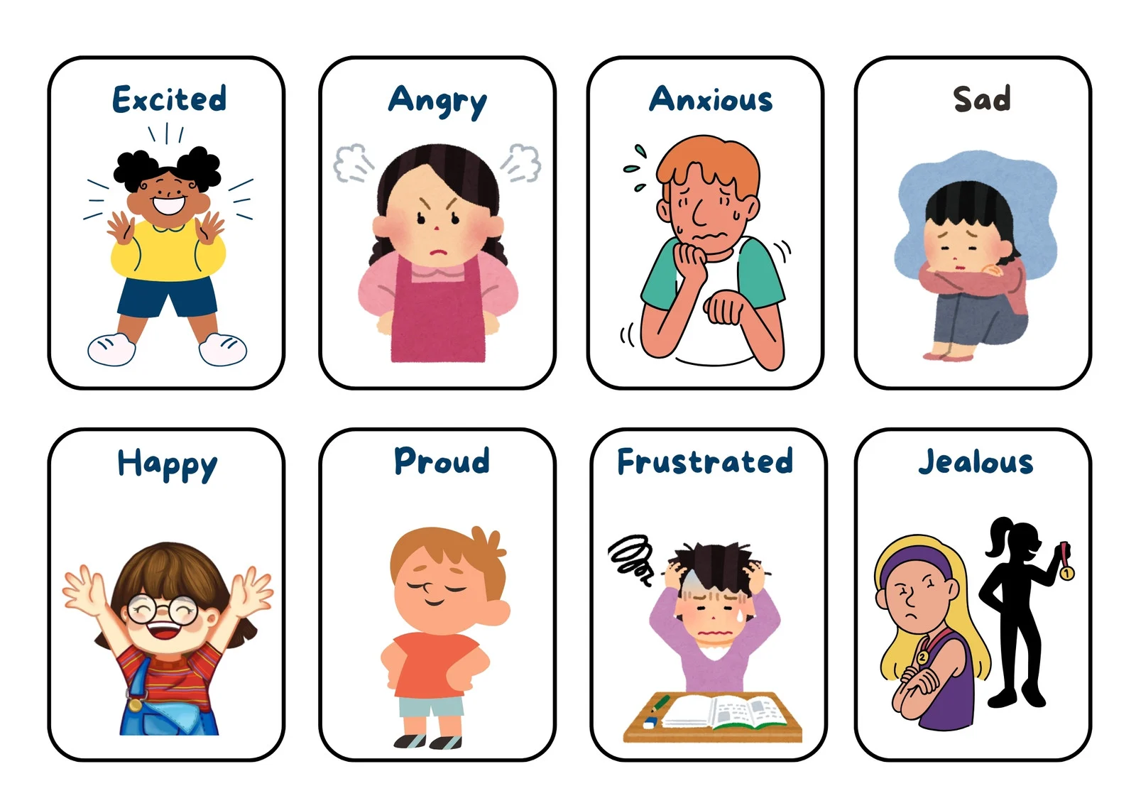 Emotion cards showing feelings like happy, sad, angry, and anxious
