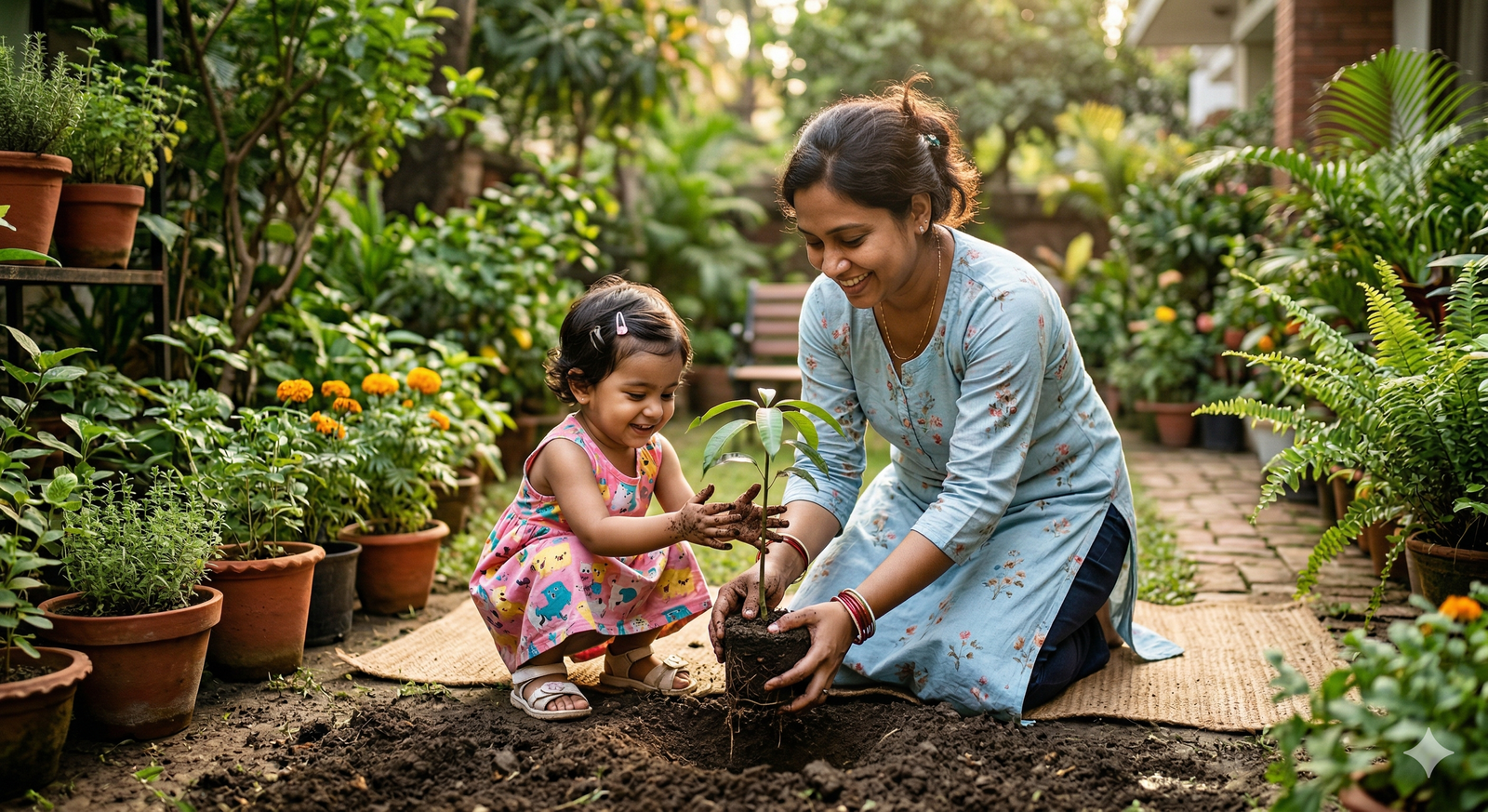 A parent and child planting a tree together